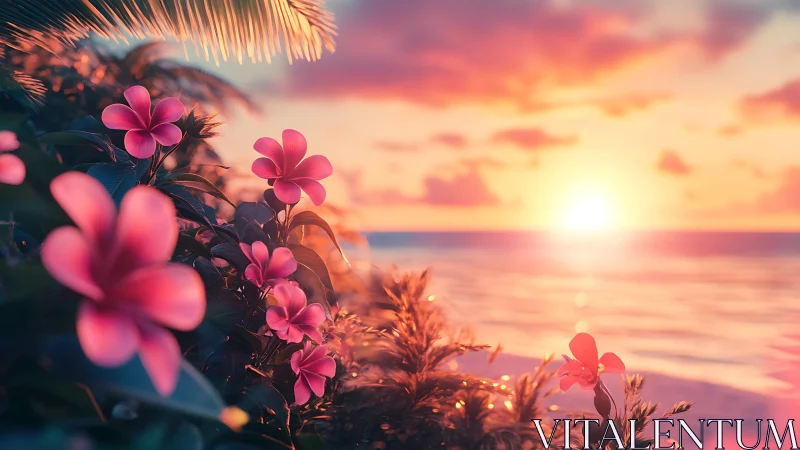 Tropical plumeria blooms in cinematic sunset coastal light.