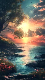 Coastal inlet reflects low sun behind clouds and foliage