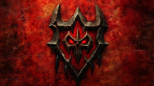 Demonic metal crest over burned red textured backdrop.