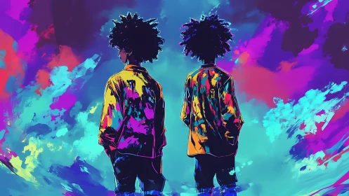Twin silhouettes stand in neon clouds of bold self-reflection