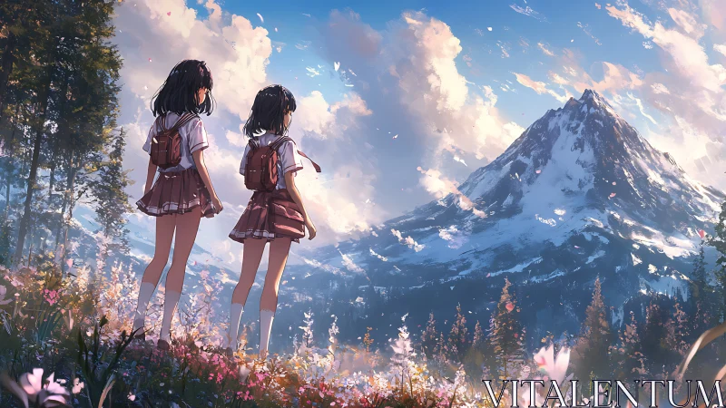 Two students observe a distant snow-covered mountain slope