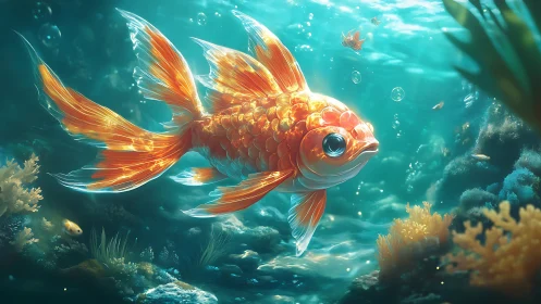 Glowing goldfish drifts like liquid lanterns through teal seas