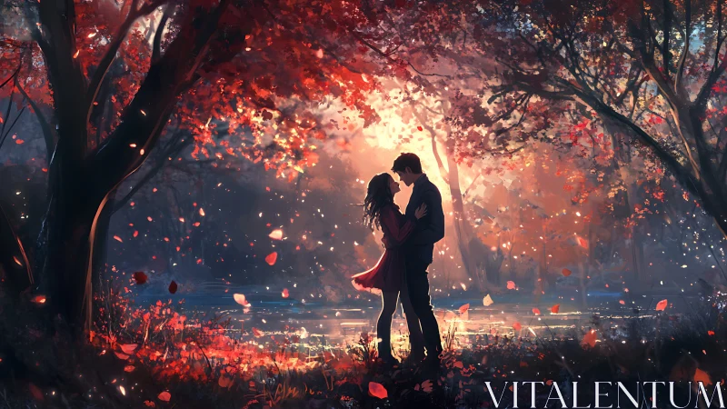 Two figures embrace beneath red autumn trees at golden hour