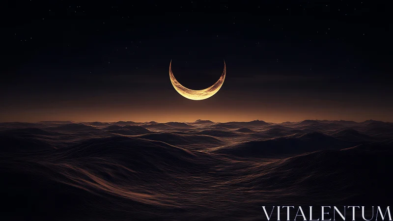 Crescent moon hovers above digitally rendered wave field