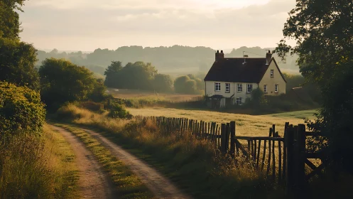 Sunlit rural cottage beside winding countryside track.