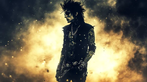 Silhouetted cyberpunk rocker amid volatile nebular backlight