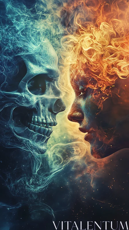 Elemental duality of fire woman and smoke skull in profile.