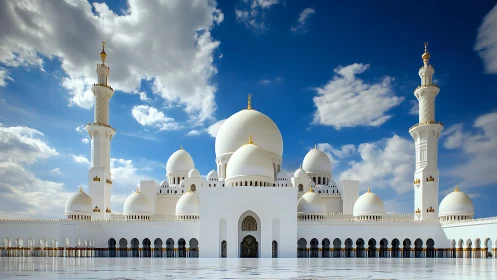 White domed mosque complex under bright blue sky.