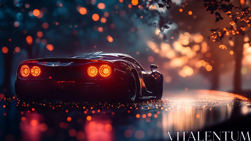 Sleek sports car glows warmly on a rain‑lit forest road