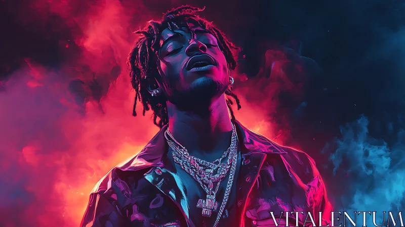 Neon-lit hip-hop portrait in dual-tone vaporwave glow rendering.