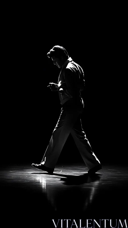Silhouetted male figure walking across dark stage floor.
