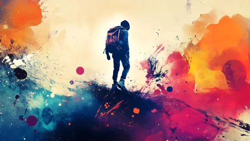 Lone traveler wandering through a vivid dreamscape of color.