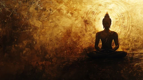 Buddha silhouette seated in meditation against golden halo.