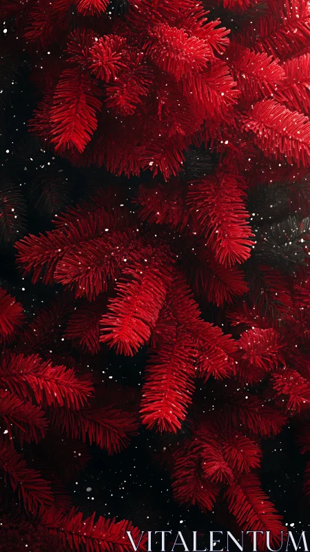 Crimson pine branches glow softly amid falling winter snow.