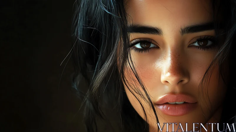 Sultry gaze framed by midnight hair in sculpted realism.