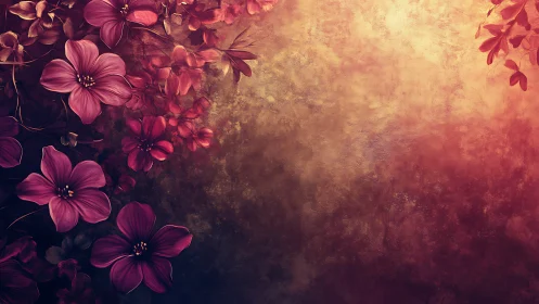 Red cosmos flowers fade into warm golden haze background