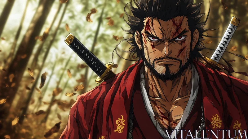 Battle-scarred samurai stares forward amid drifting forest leaves