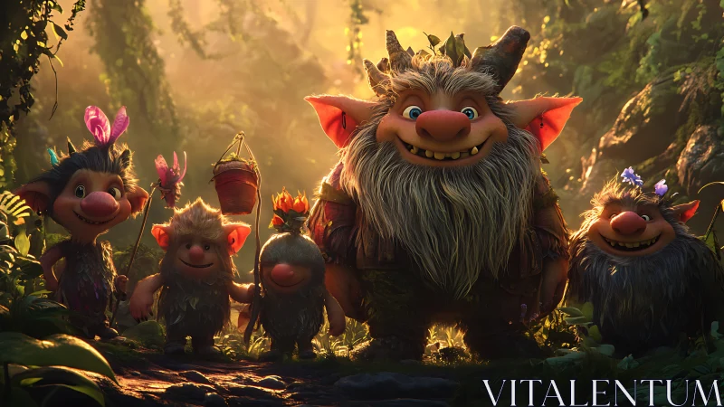 Cartoon troll family standing in sunlit dense forest scene.