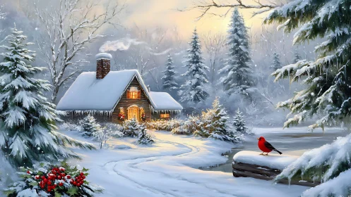 Snowy woodland cabin glows warmly beneath a winter sunrise.