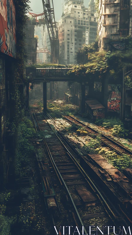 Overgrown urban rail yard shows decayed postindustrial corridor