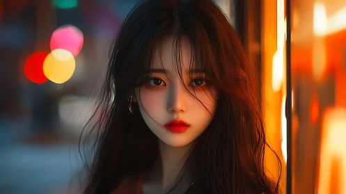 Neon rain pauses as her luminous gaze quiets the city night