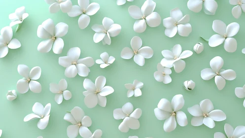 Delicate white flowers bloom across soft mint green.
