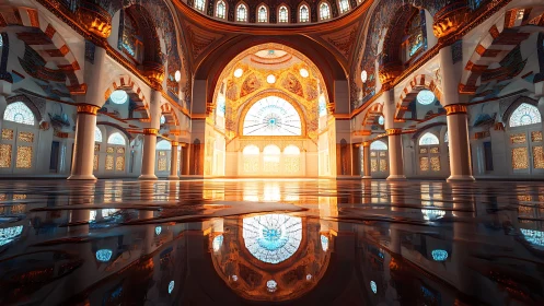Parametric lit mosque interior with reflective marble floor symmetry