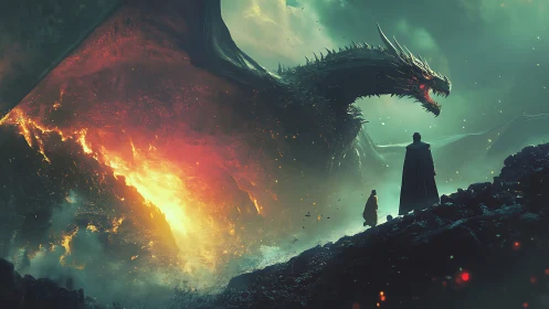 Dragon-fire horizon bends toward two stubborn silhouettes