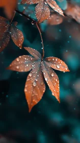 Close-up of wet orange leaves against teal blurred background.