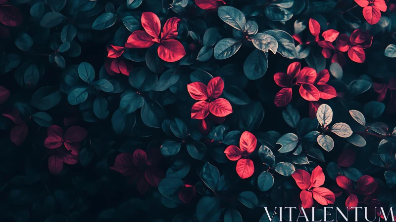 Crimson leaves scattered across deep teal foliage field.