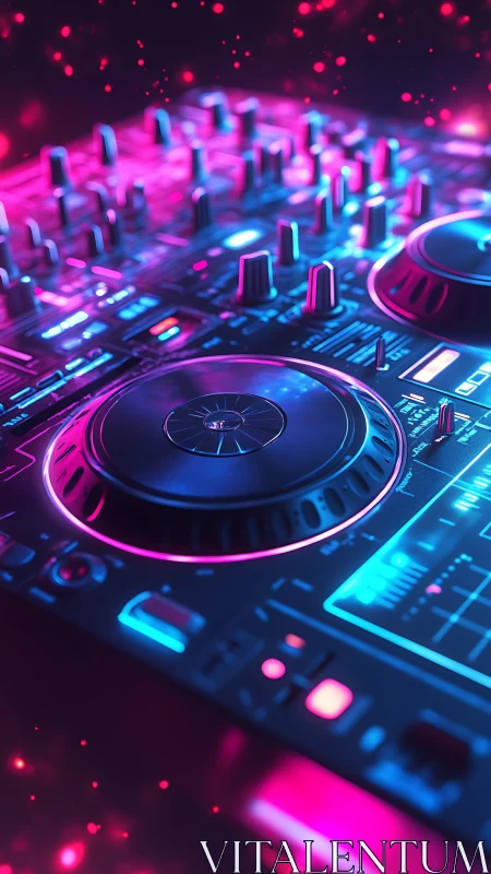 Neon-lit DJ controller in futuristic magenta and cyan glow.