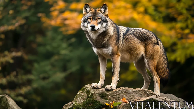 Autumn lookout wolf crowned by quiet forest golds.