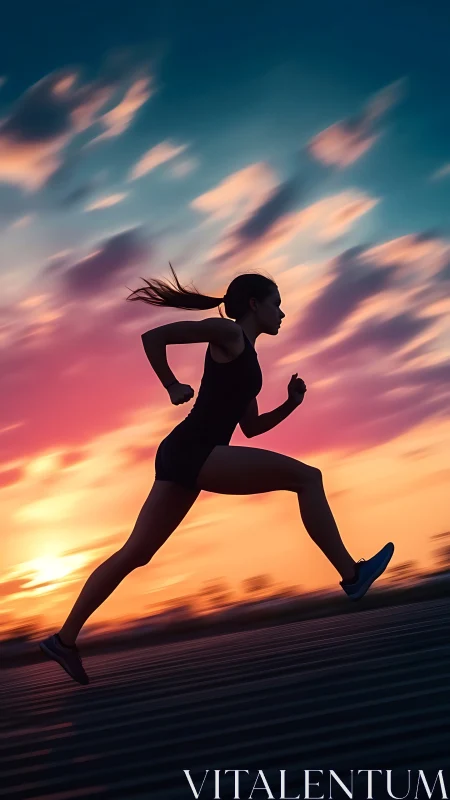 Silhouette runner strides across vivid sunset skyline.