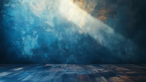 Directional skylight across textured teal wall and planked floor