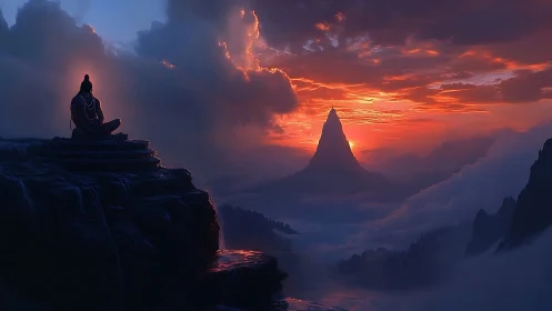 Meditating sage above misty valley at blazing sunrise.