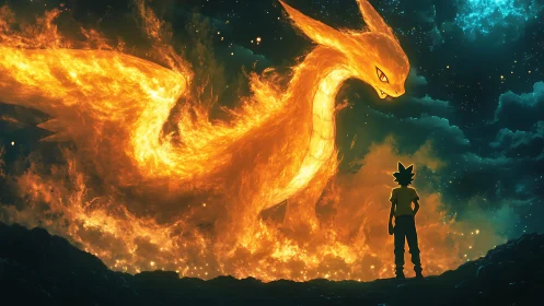 Fiery celestial dragon confronting silhouetted young hero.