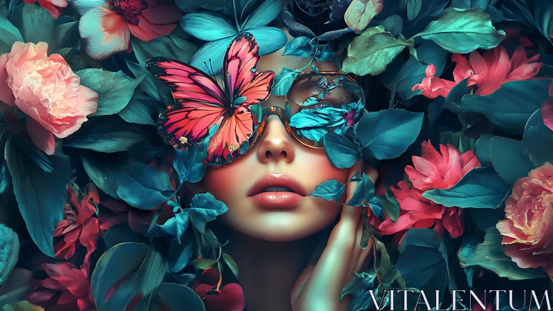 Female face with butterfly glasses in dense floral foliage.