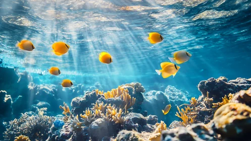 Yellow reef fish swim above coral heads in clear sunlit water.