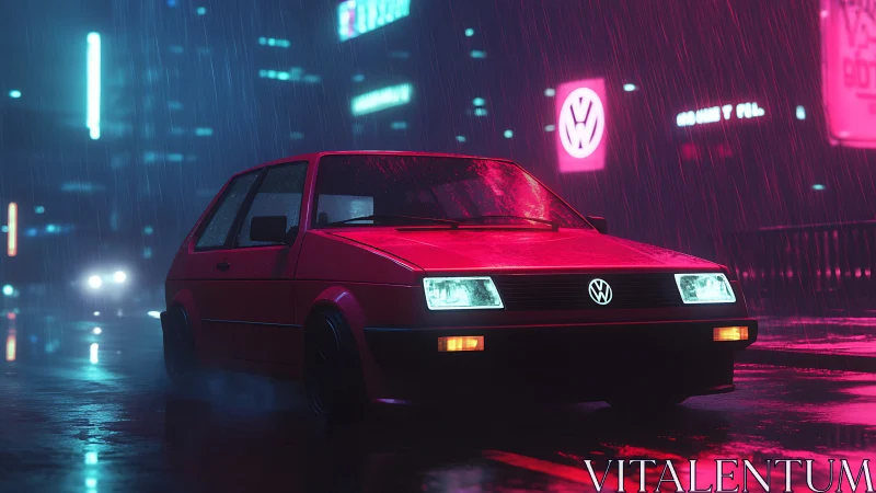 Neon red Volkswagen glows in a rainy cyberpunk city street.