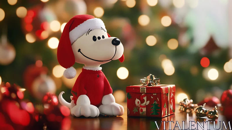 Festive cartoon dog figurine beside glowing Christmas gift.