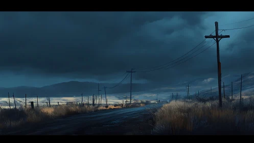 Storm-worn highway drifts beneath a brooding winter sky.