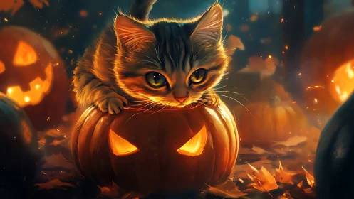 Halloween Cat in Glowing Pumpkin with Mystical Fire.