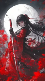 Dark-haired sword warrior under full moon in red kimono.