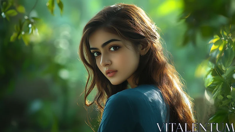 Backlit portrait of young woman in shallow depth forest setting