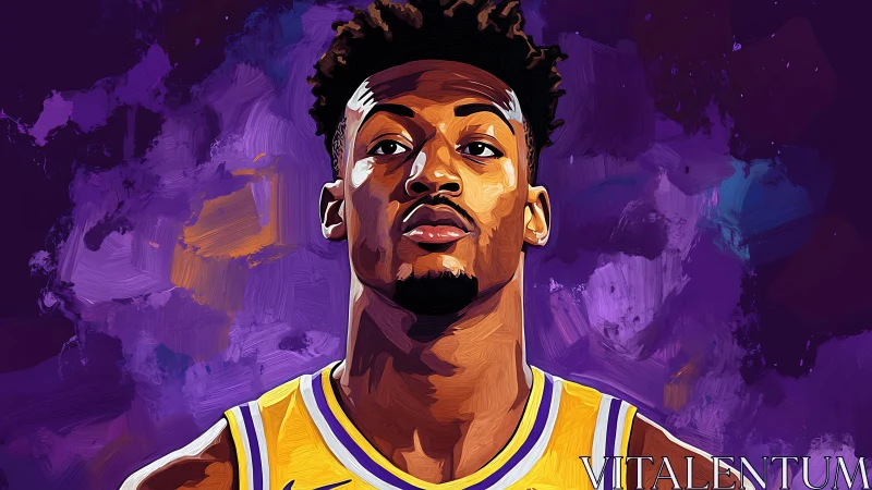 Bold basketball portrait under expressive purple strokes.