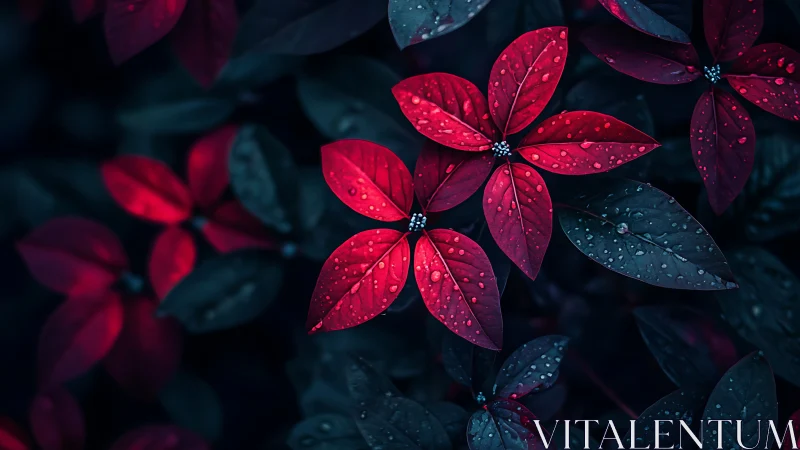 Red foliage is arranged against dark leaves with water droplets