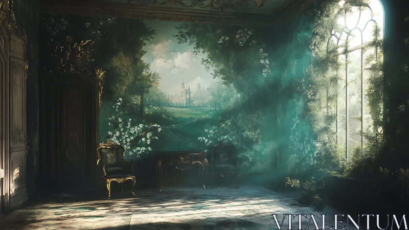 Sunlit garden salon where forgotten chairs keep dreaming.