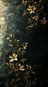 Gilded botanical scrollwork on deep textured patina background.