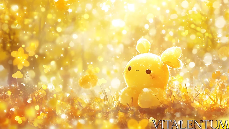 Golden glow surrounds cute bunny-like creature in meadow.