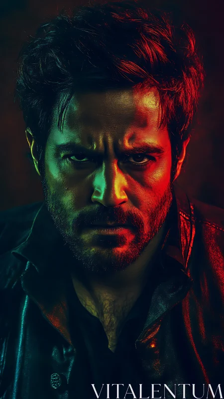 Male subject in split red green lighting, leather jacket portrait.